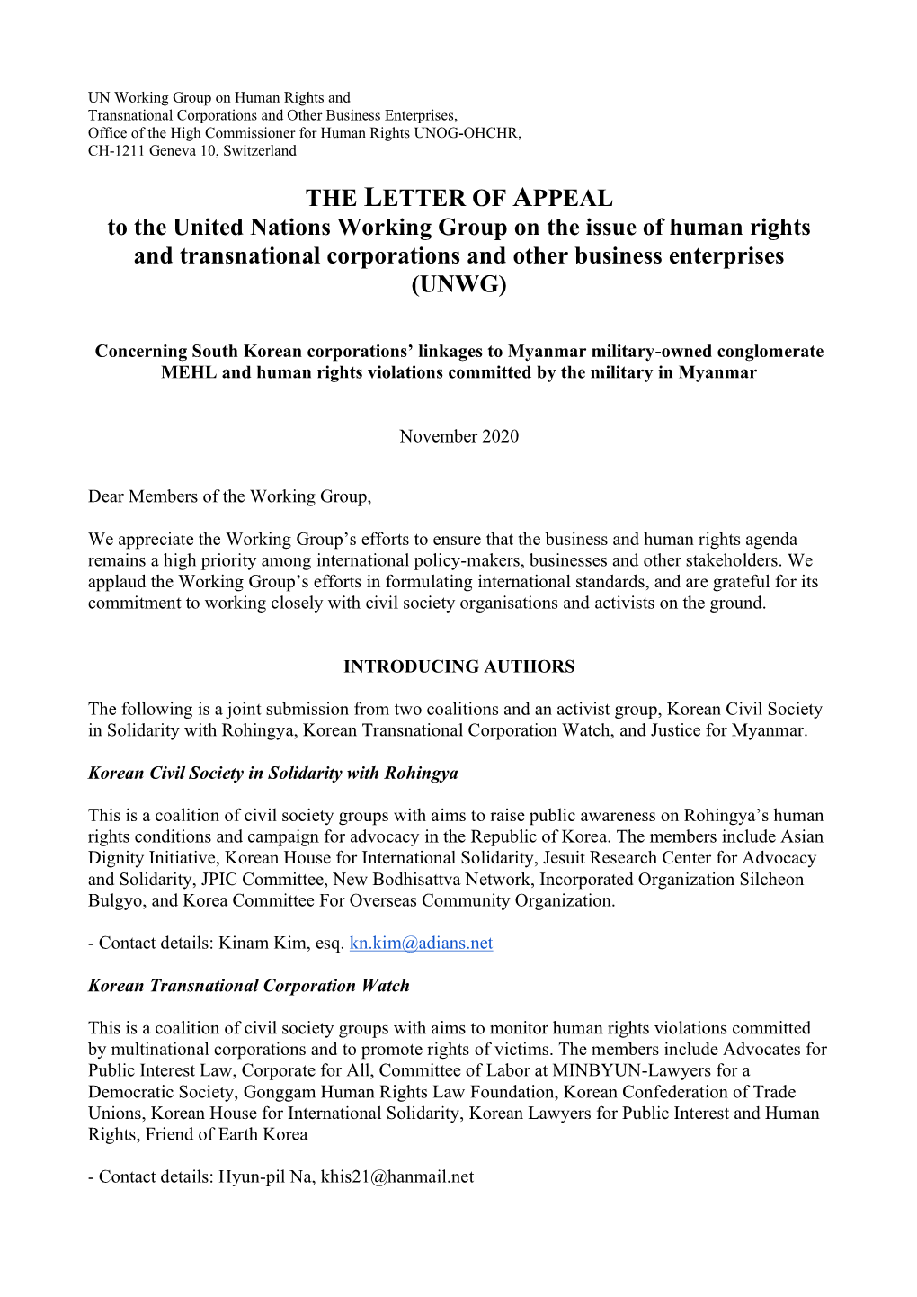 THE LETTER of APPEAL to the United Nations Working Group on the Issue of Human Rights and Transnational Corporations and Other Business Enterprises (UNWG)