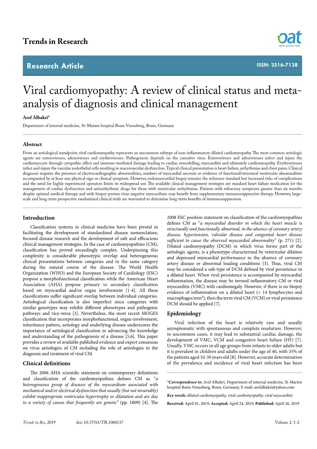 Viral Cardiomyopathy: a Review of Clinical Status and Meta