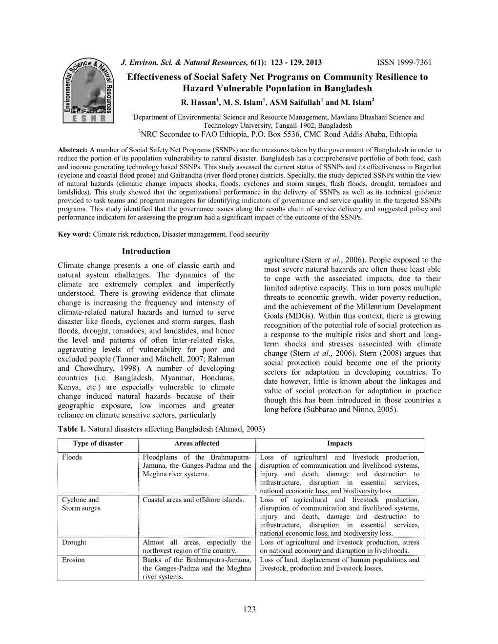 Effectiveness of Social Safety Net Programs on Community Resilience to Hazard Vulnerable Population in Bangladesh