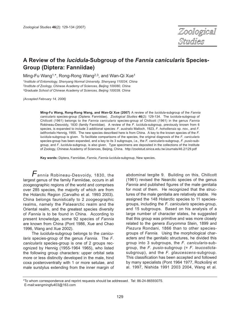 A Review of the Lucidula-Subgroup of the Fannia Canicularis Species