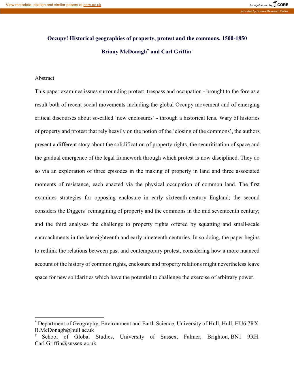 Occupy! Historical Geographies of Property, Protest and the Commons, 1500-1850