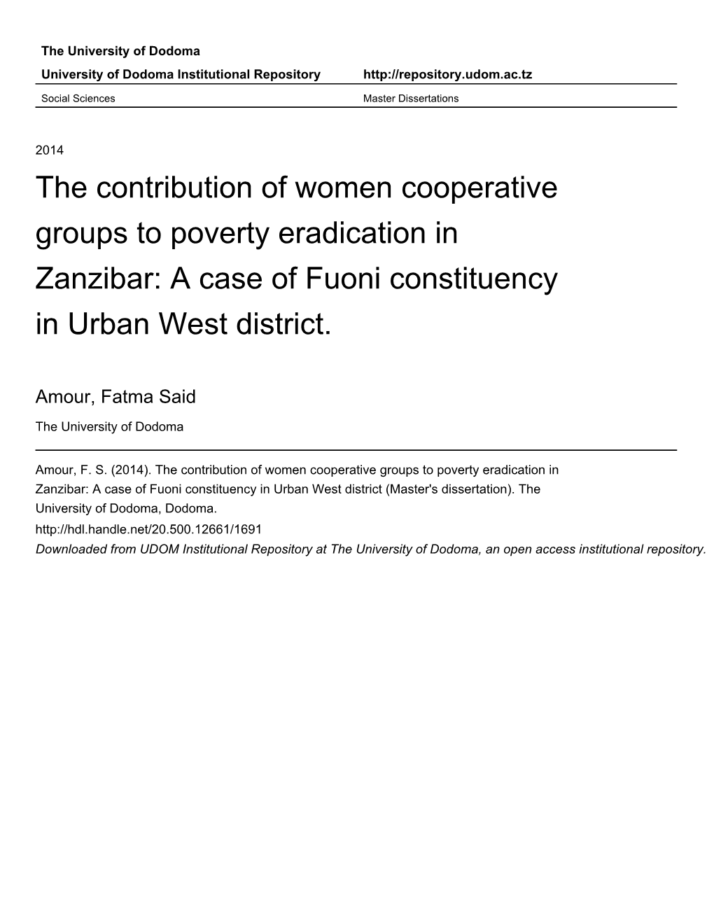 The Contribution of Women Cooperative Groups to Poverty Eradication in Zanzibar: a Case of Fuoni Constituency in Urban West District