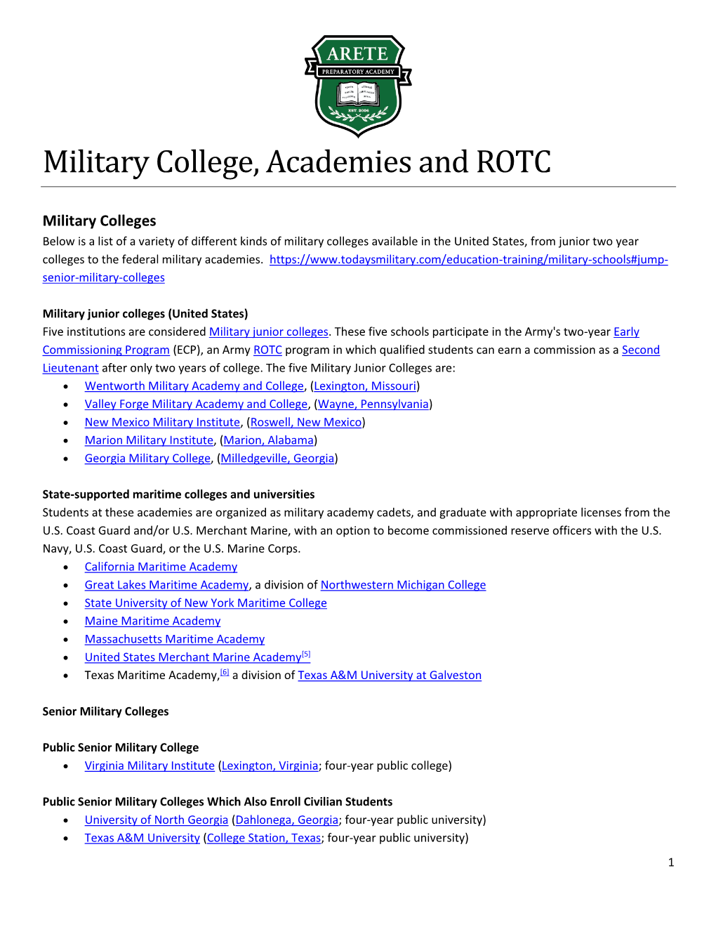 Military College, Academies, and ROTC