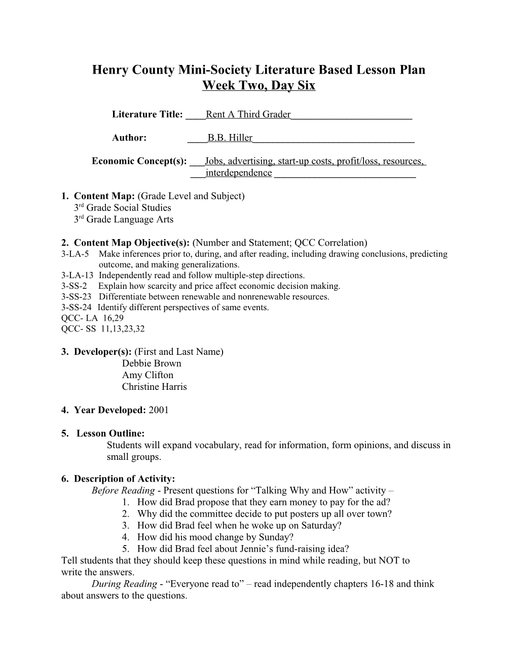 Henry County Mini-Society Literature Based Lesson Plan