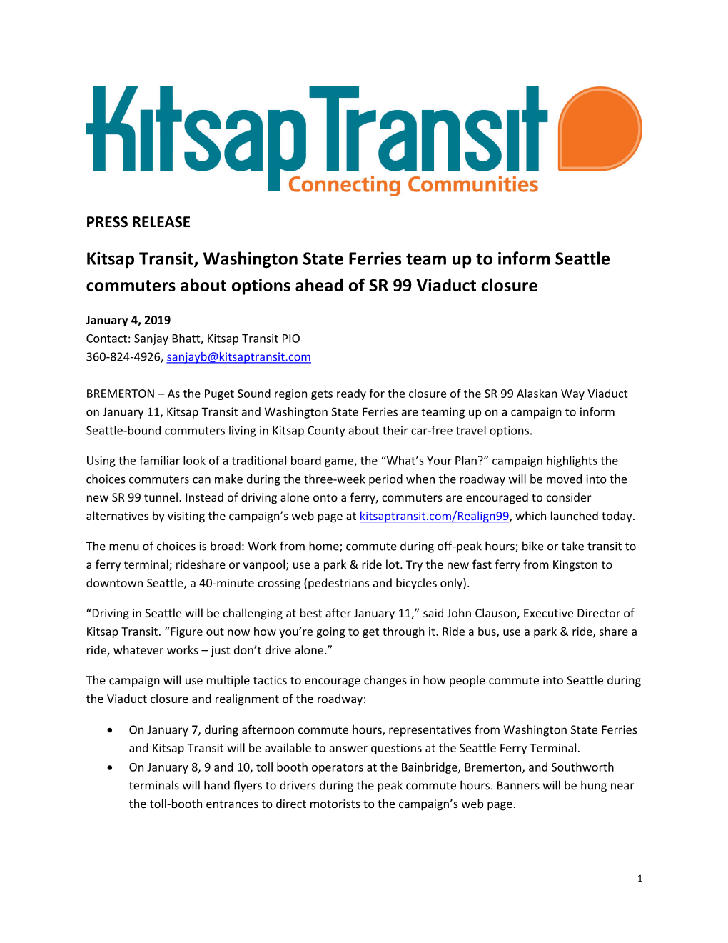 Kitsap Transit, Washington State Ferries Team up on Campaign Ahead of SR 99 Viaduct Closure