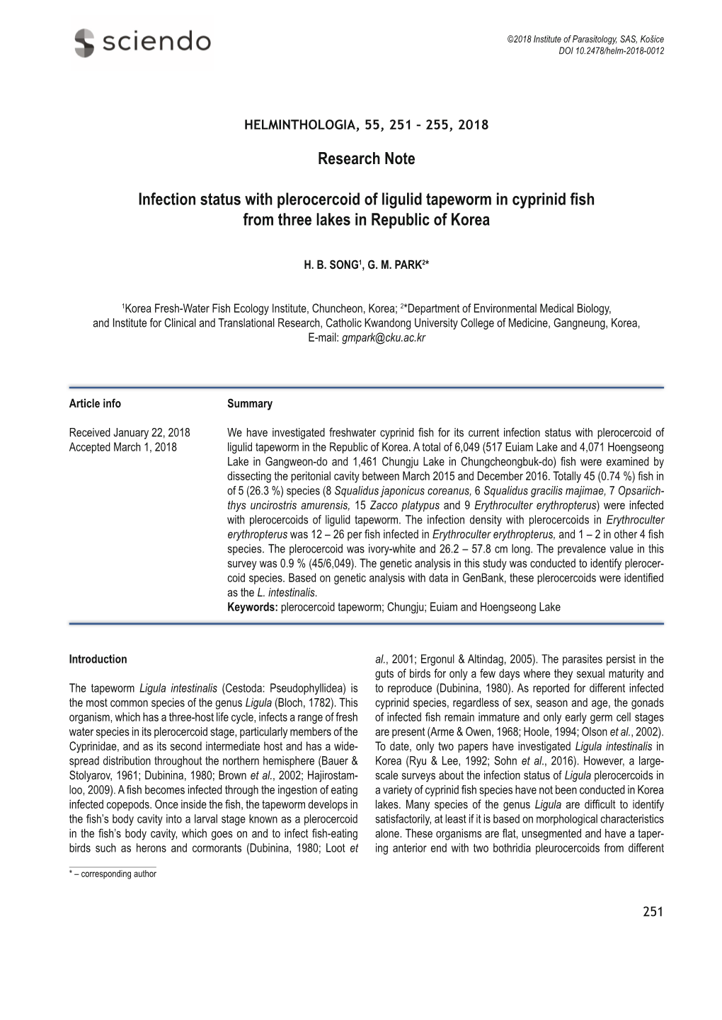 Research Note Infection Status with Plerocercoid of Ligulid Tapeworm In