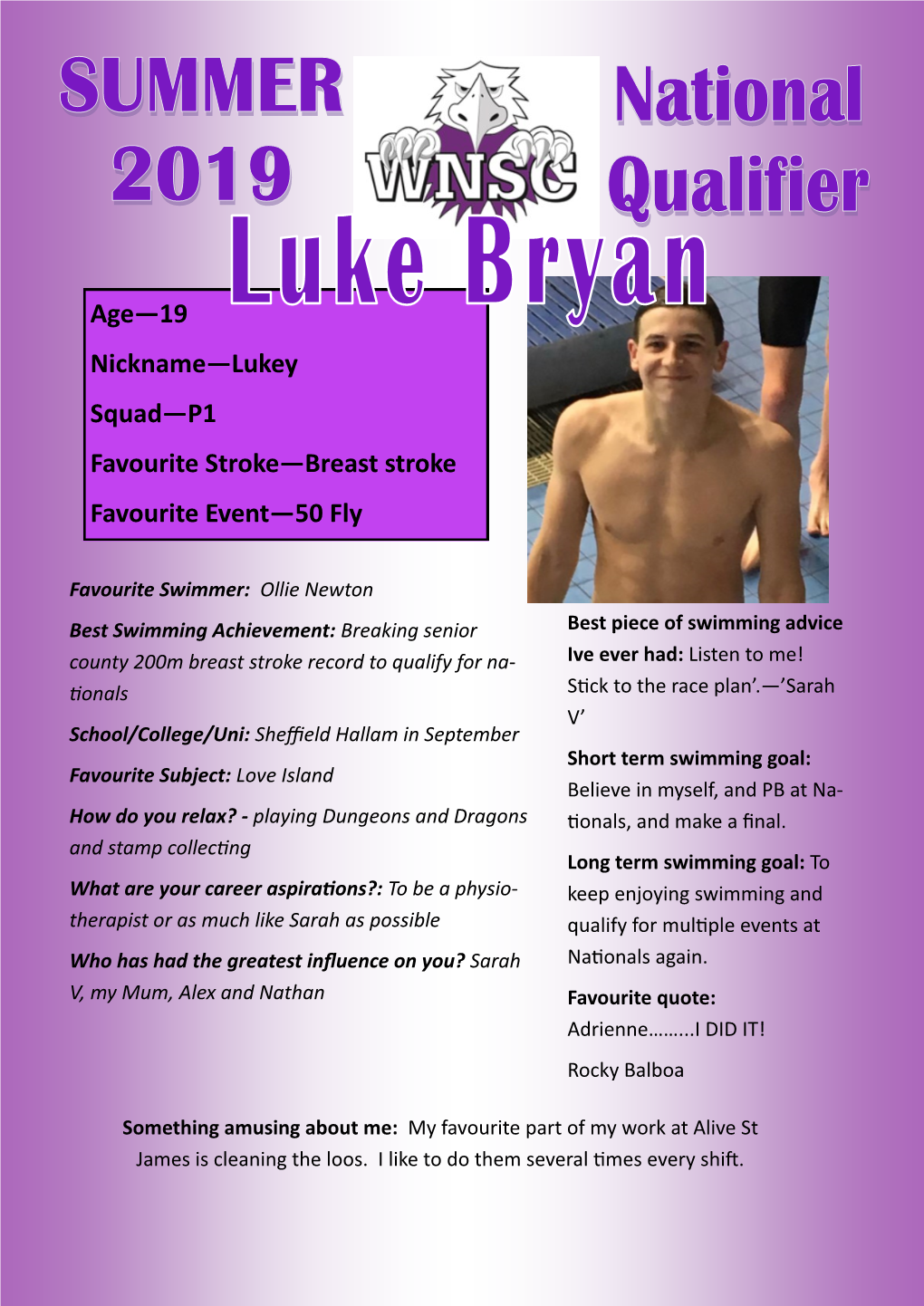 Age—19 Nickname—Lukey Squad—P1 Favourite Stroke—Breast Stroke Favourite Event—50 Fly