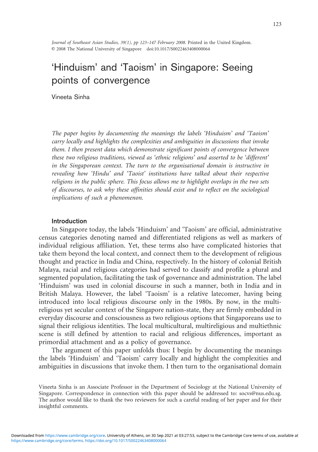 'Hinduism' and 'Taoism' in Singapore: Seeing Points of Convergence