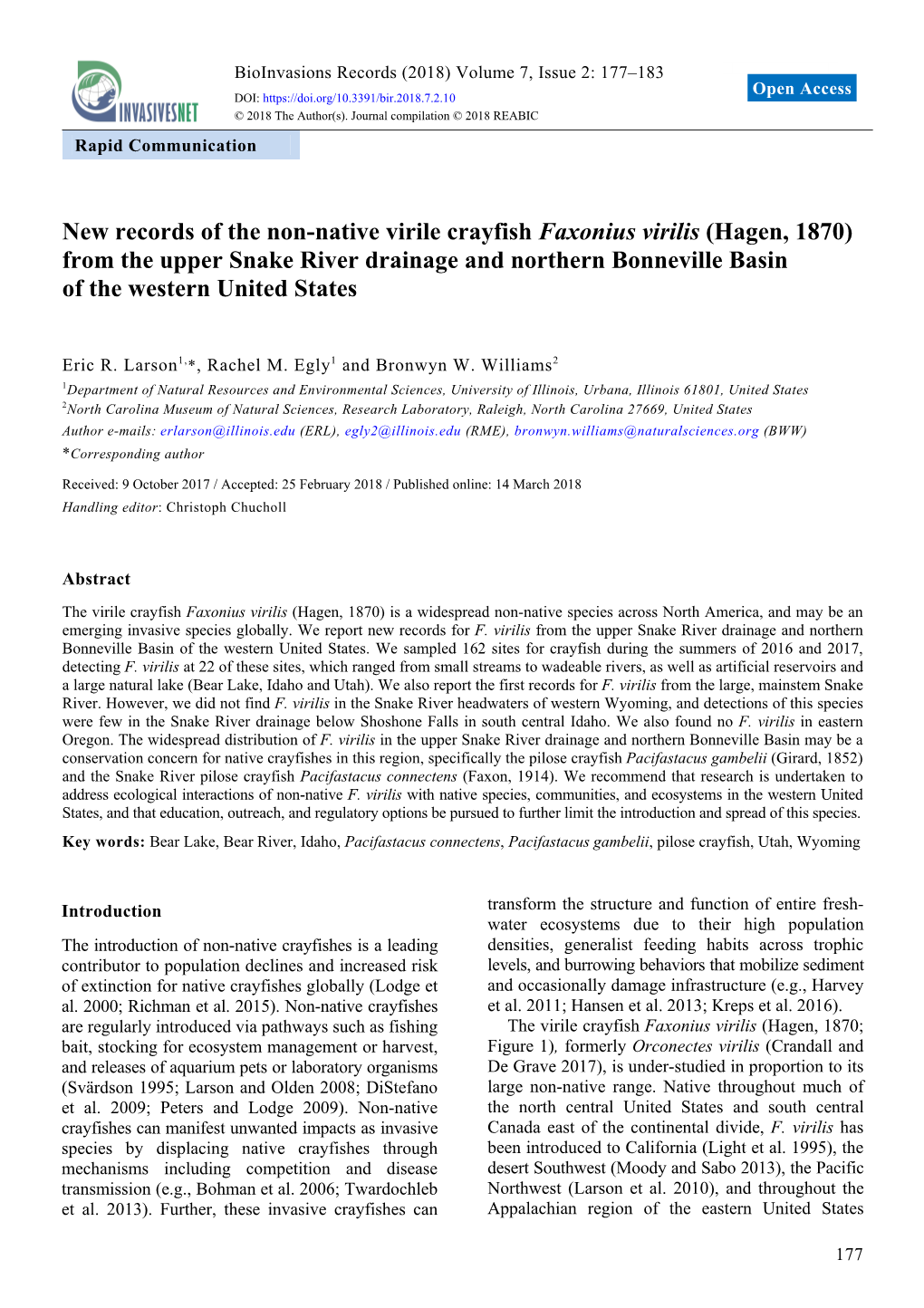 New Records of the Non-Native Virile Crayfish Faxonius Virilis