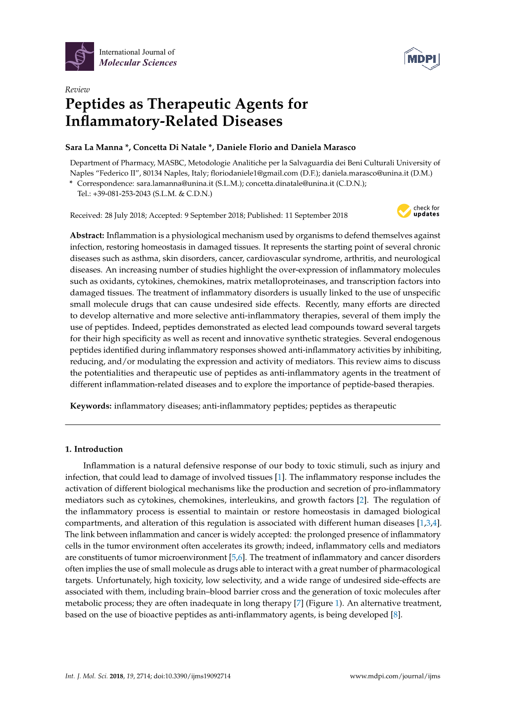 Peptides As Therapeutic Agents for Inflammatory-Related Diseases