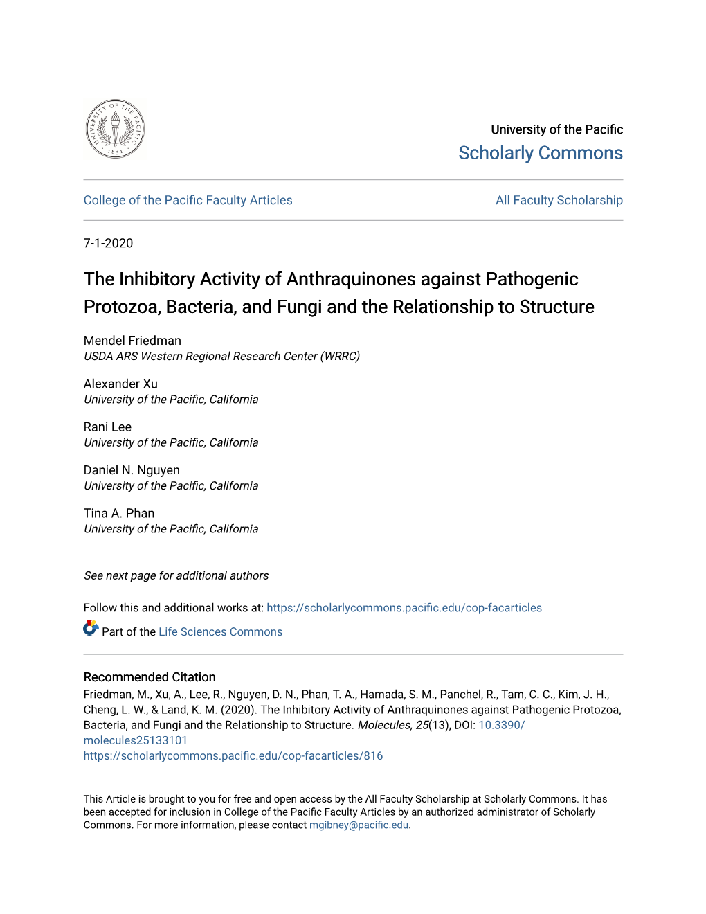 The Inhibitory Activity of Anthraquinones Against Pathogenic Protozoa, Bacteria, and Fungi and the Relationship to Structure