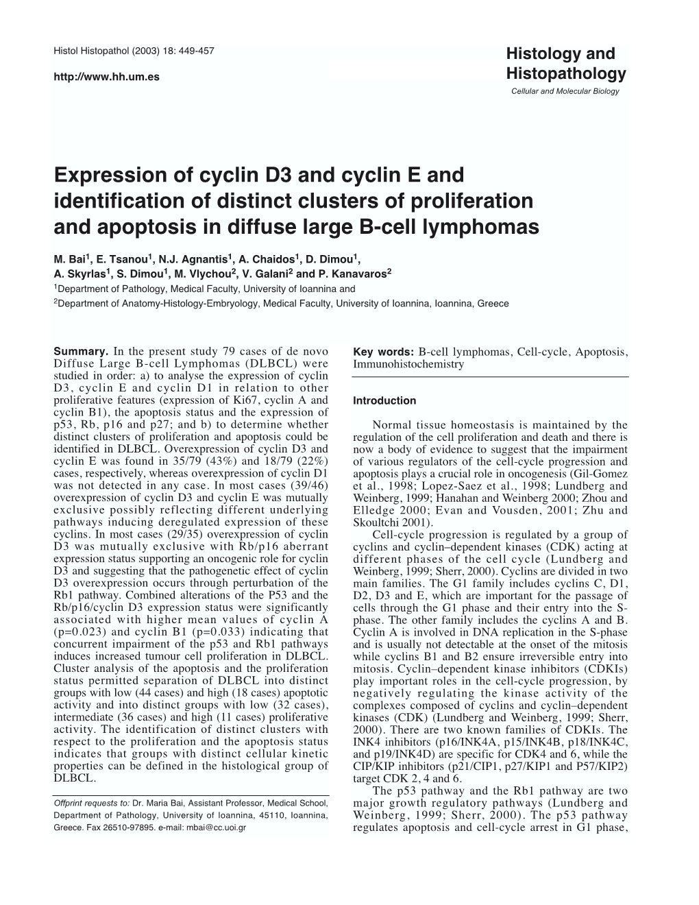 Expression of Cyclin D3 and Cyclin E and Identification of Distinct Clusters of Proliferation and Apoptosis in Diffuse Large B-Cell Lymphomas