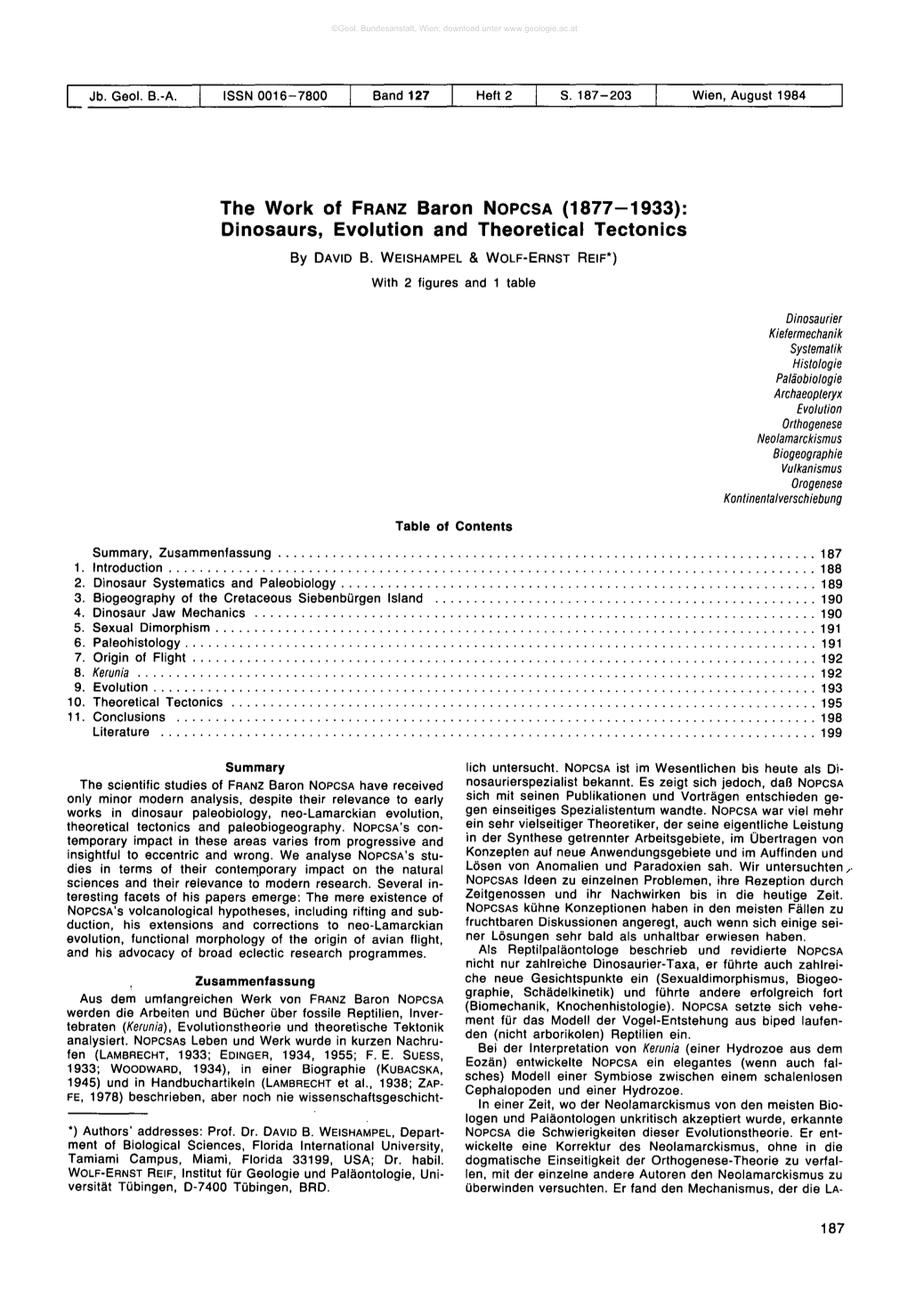 The Work of FRANZ Baron NOPCSA (1877-1933): Dinosaurs, Evolution and Theoretical Tectonics