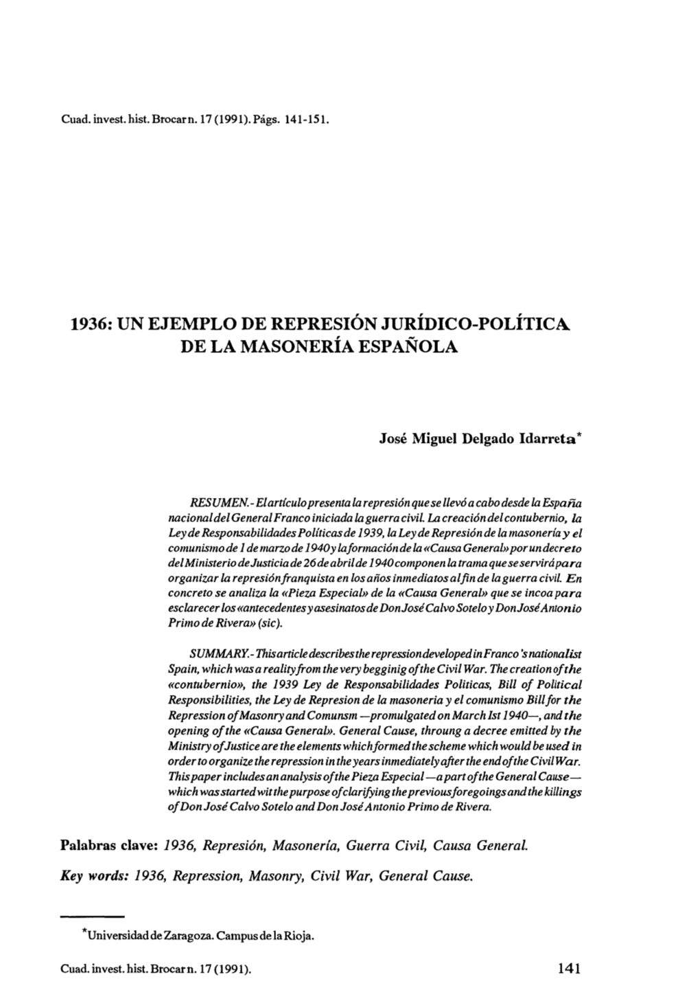 1936: Un Ejemplo De Represion Juridico-Politica De La Masonería Española