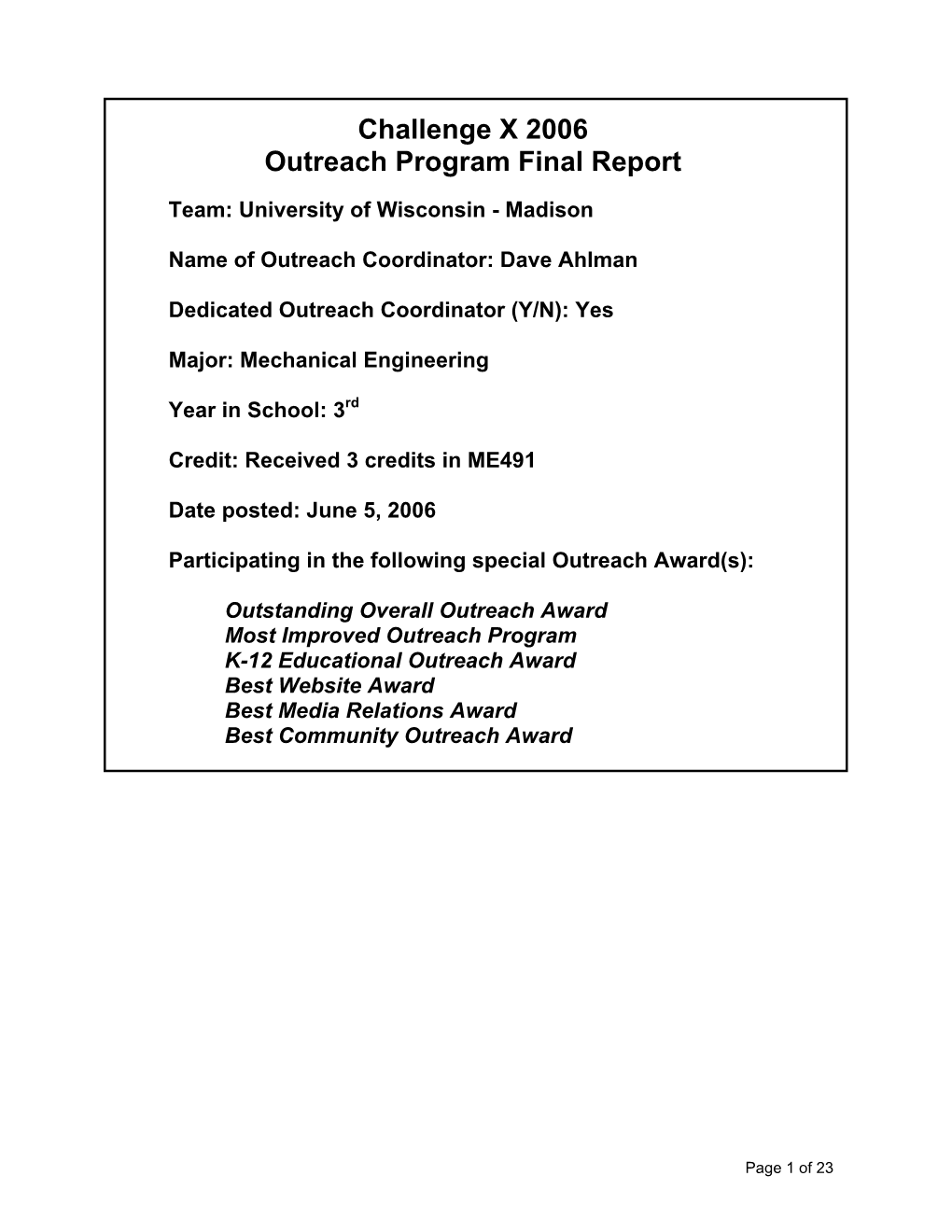 Challenge X 2006 Outreach Program Final Report