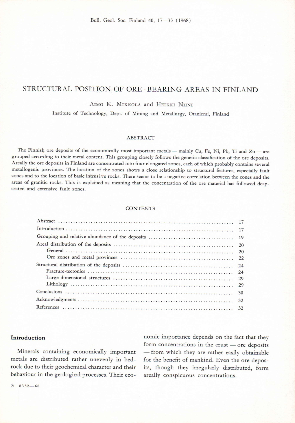 Structural Position of Ore-Bearing Areas in Finland