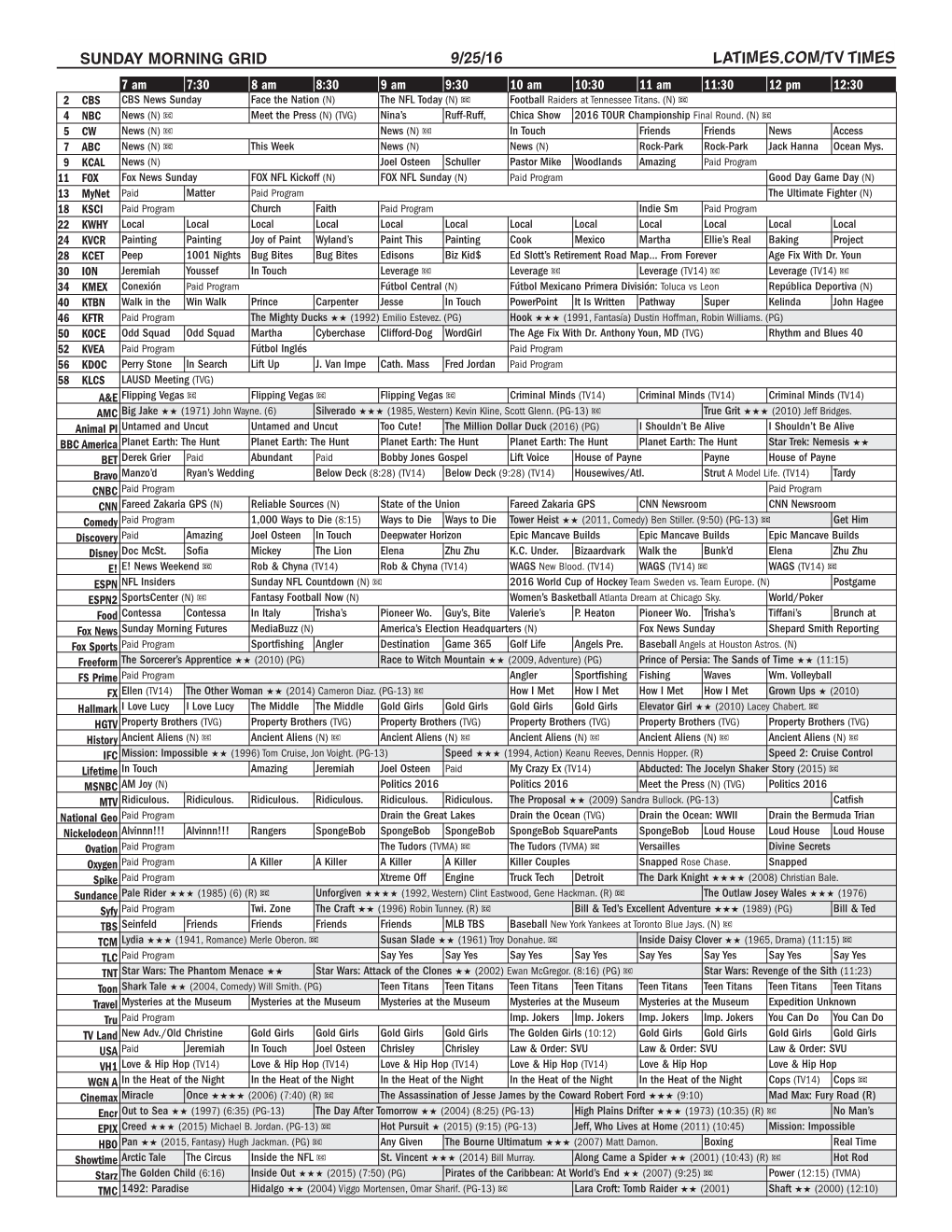 Sunday Morning Grid 9/25/16 Latimes.Com/Tv Times