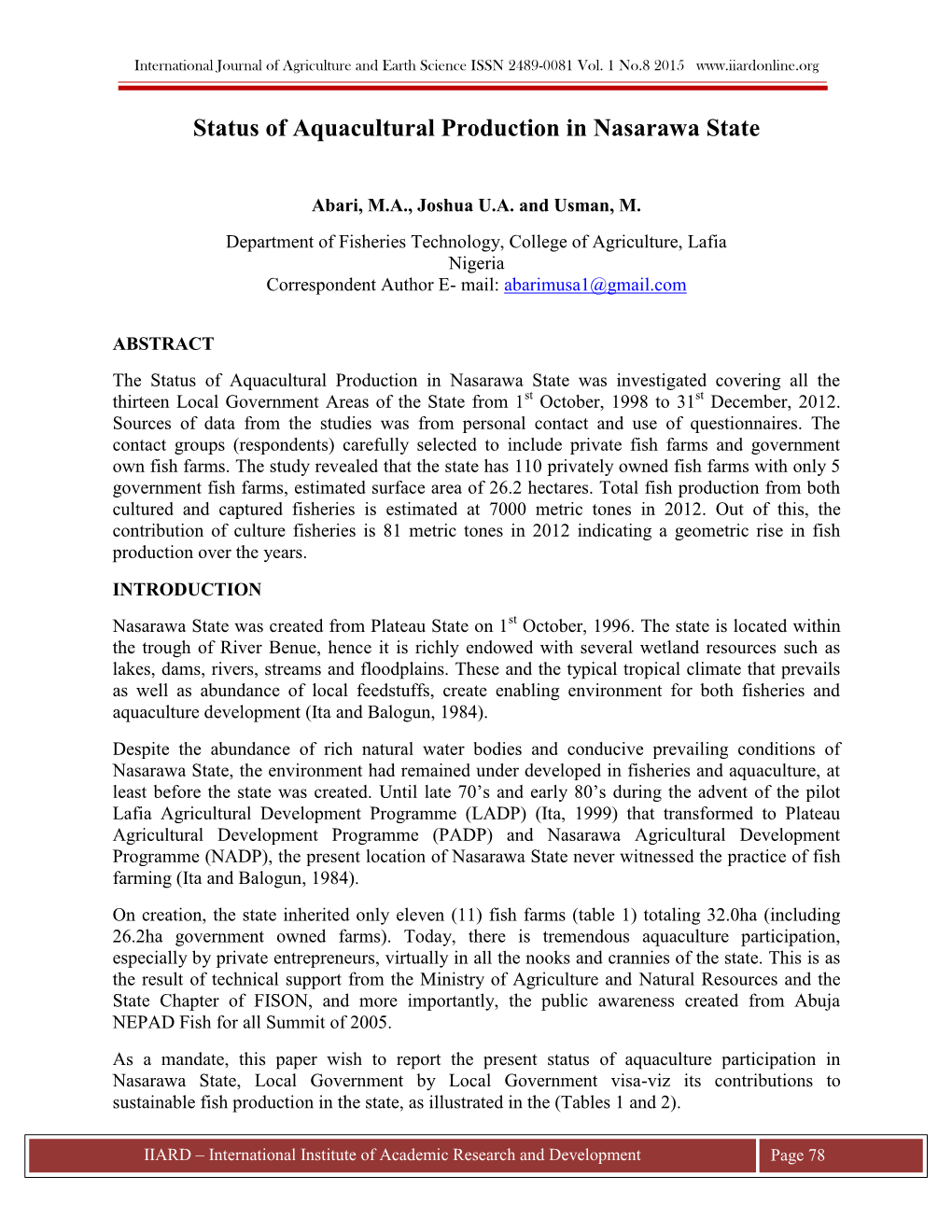 Status of Aquacultural Production in Nasarawa State