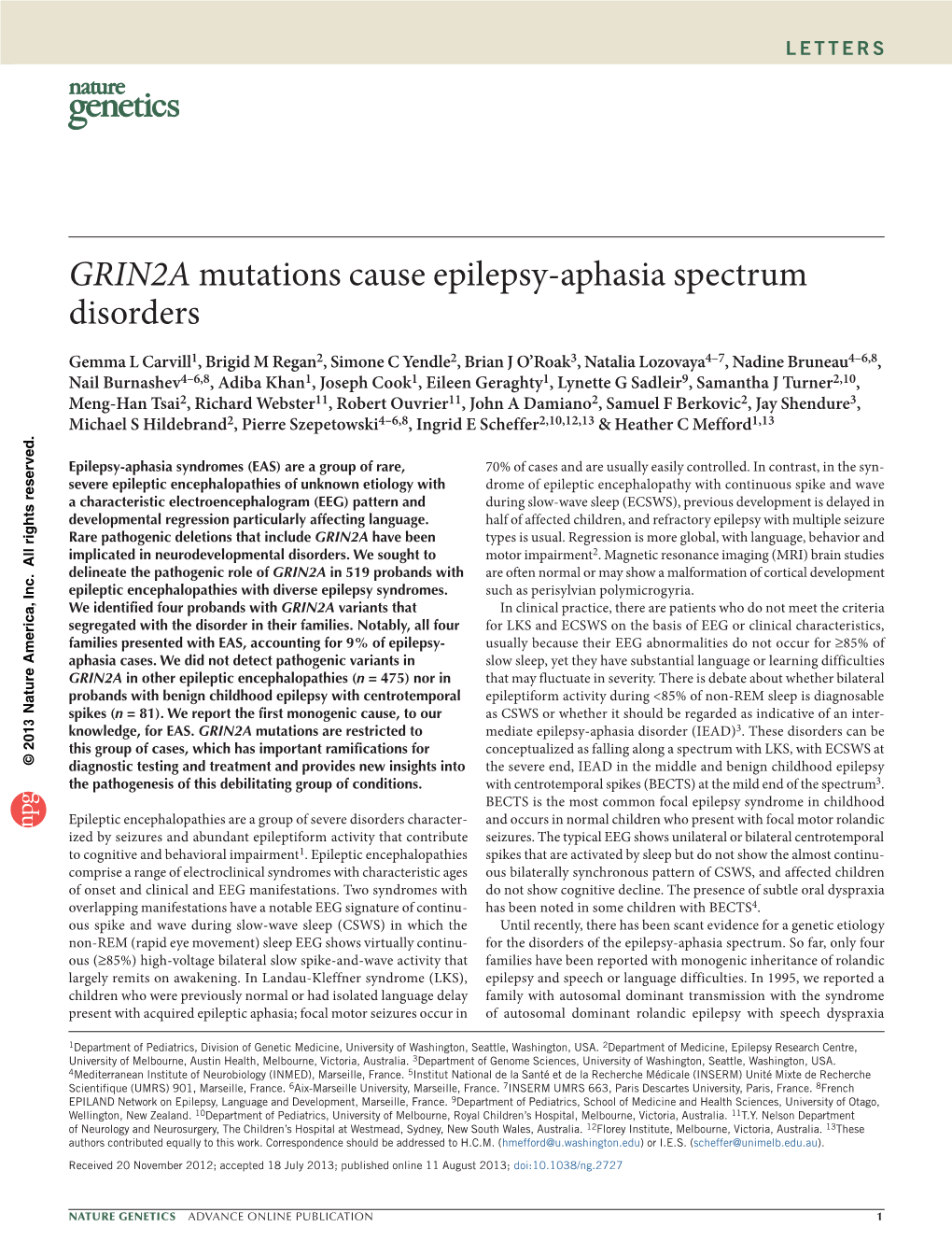 GRIN2A Mutations Cause Epilepsy-Aphasia Spectrum Disorders
