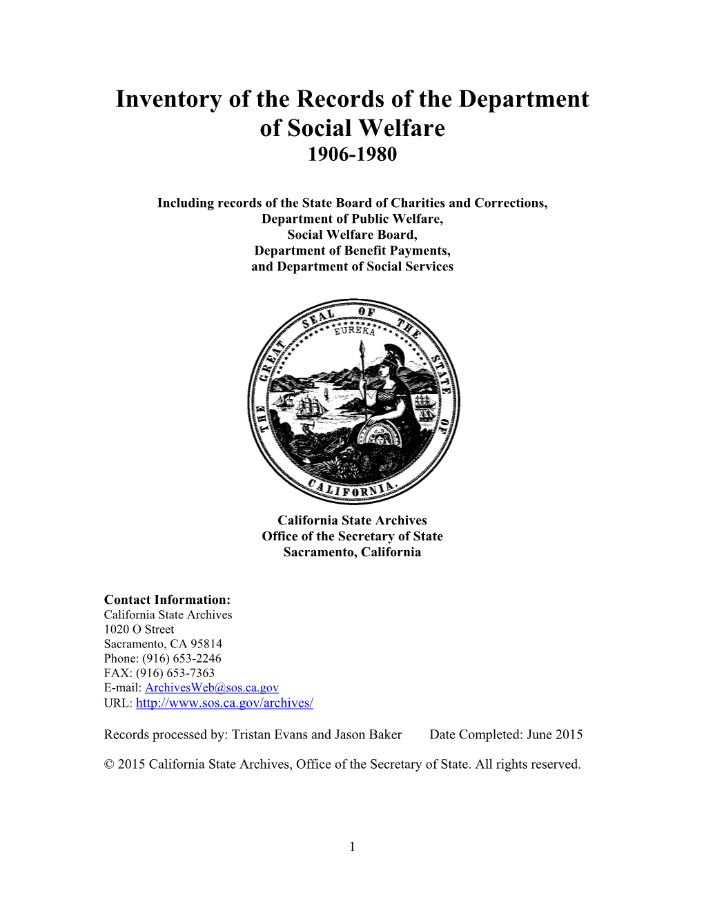Inventory of the Records of the Department of Social Welfare 1906-1980