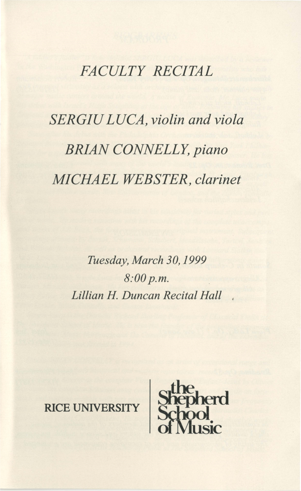 FACULTY RECITAL SERGIU LUCA, Violin and Viola BRIAN CONNELLY