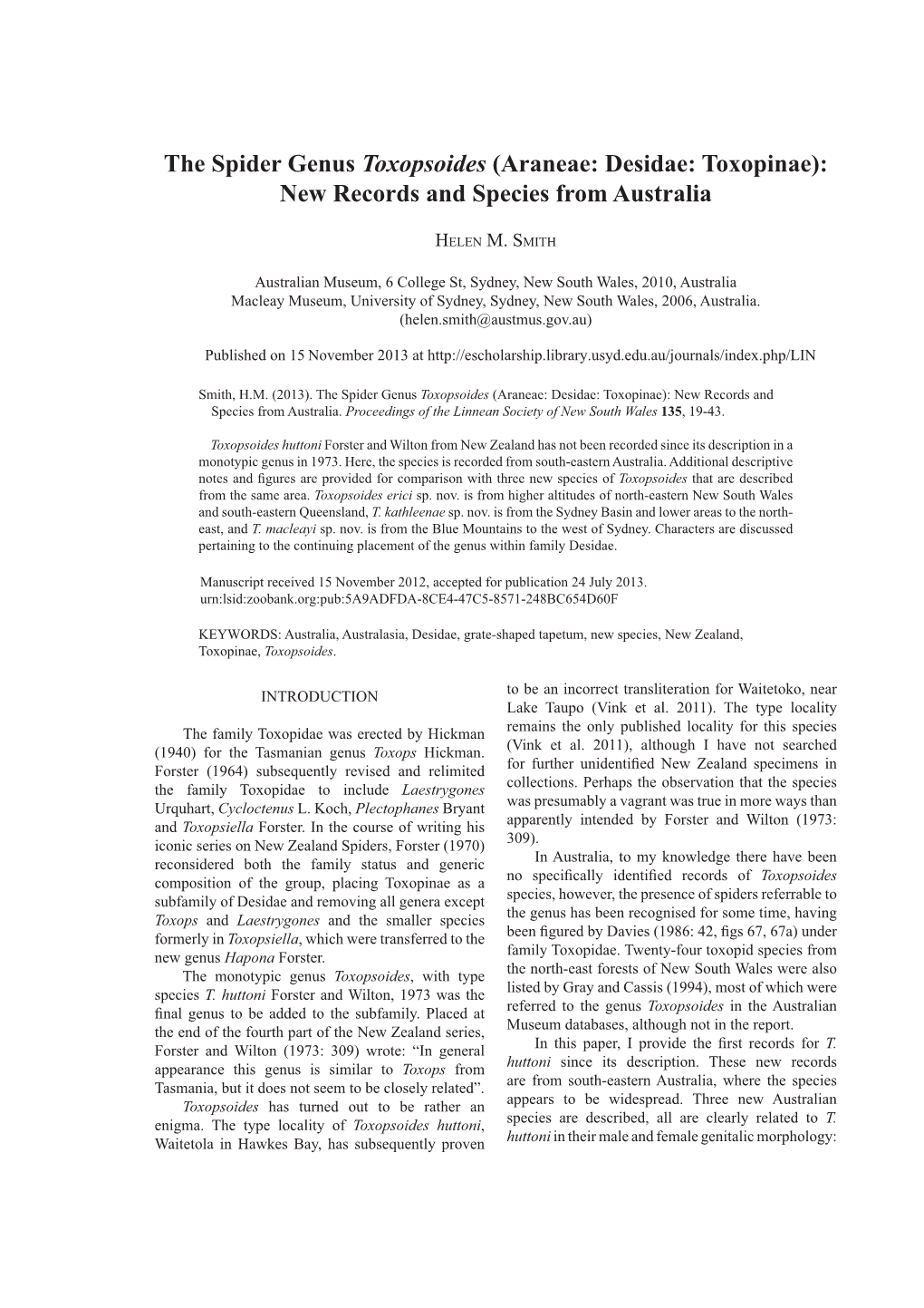 The Spider Genus Toxopsoides (Araneae: Desidae: Toxopinae): New Records and Species from Australia