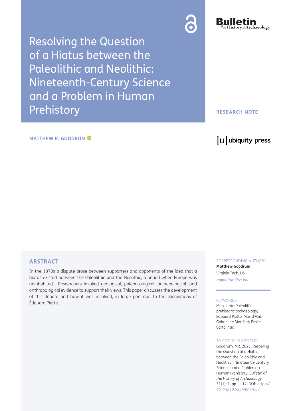 Resolving the Question of a Hiatus Between the Paleolithic and Neolithic: Nineteenth-Century Science and a Problem in Human