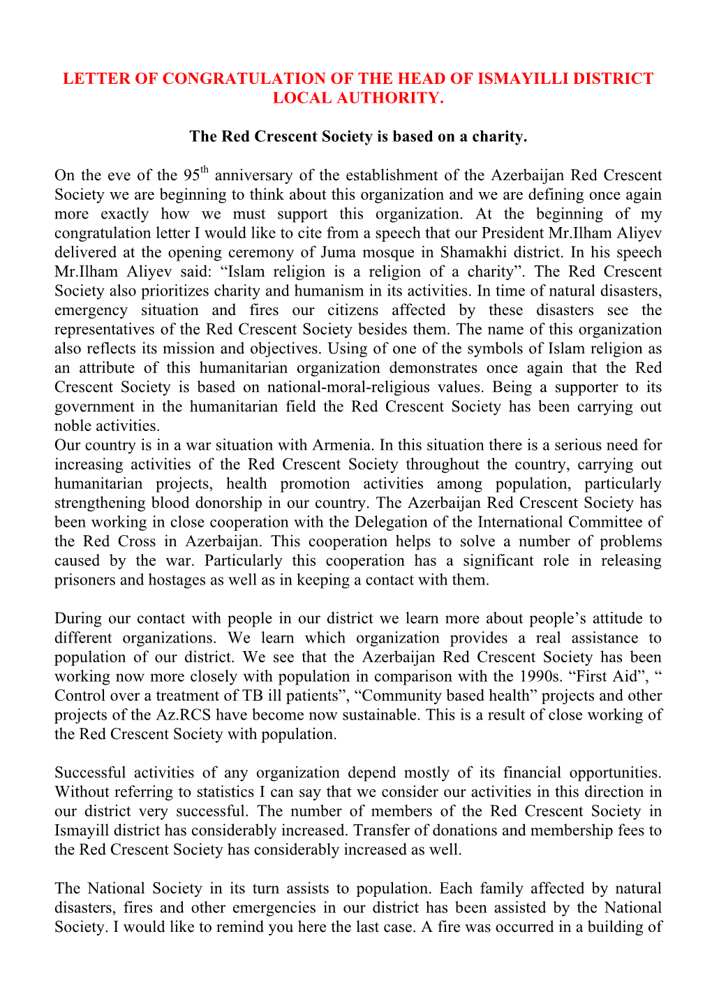 LETTER of CONGRATULATION of the HEAD of ISMAYILLI DISTRICT LOCAL AUTHORITY. the Red Crescent Society Is Based on a Charity. On