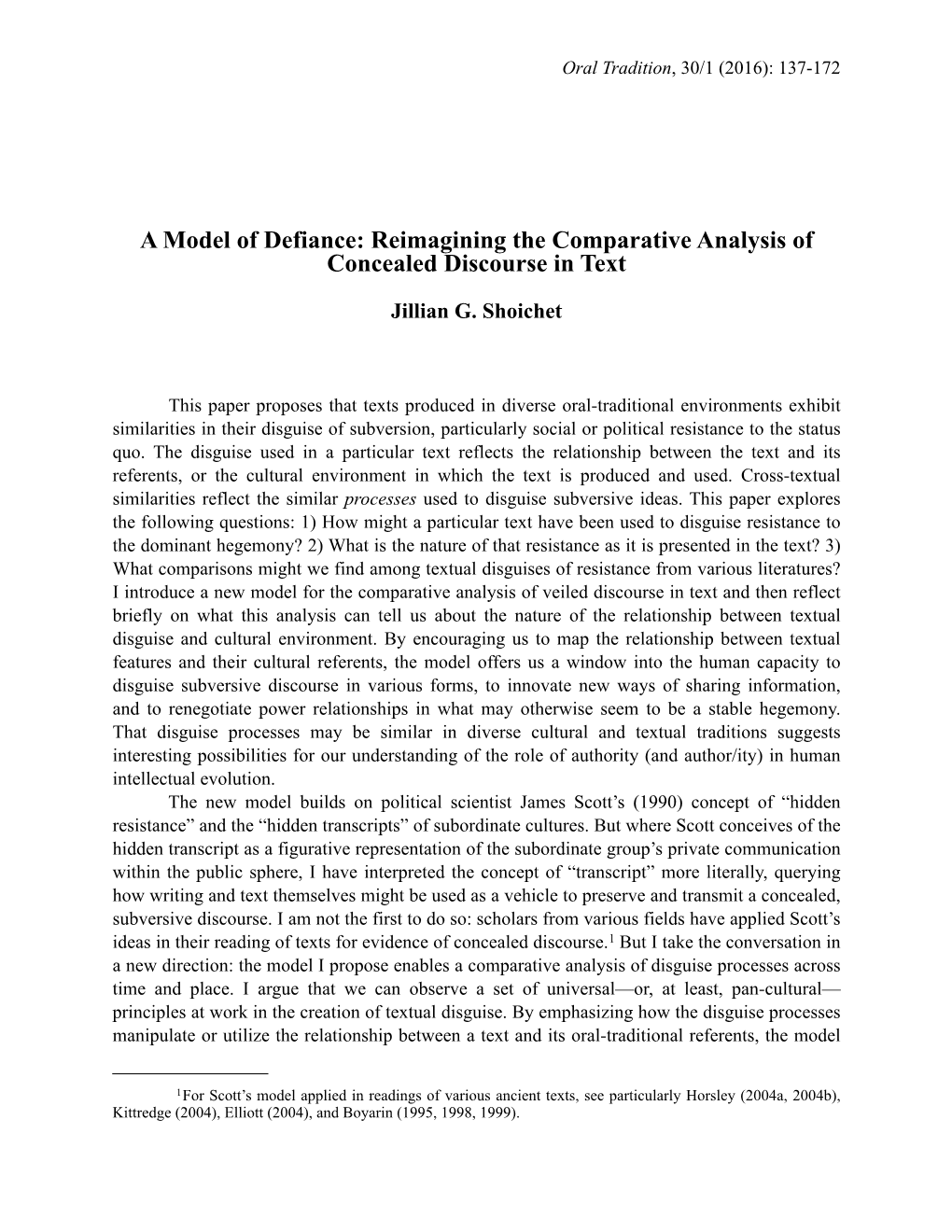 A Model of Defiance: Reimagining the Comparative Analysis of Concealed Discourse in Text