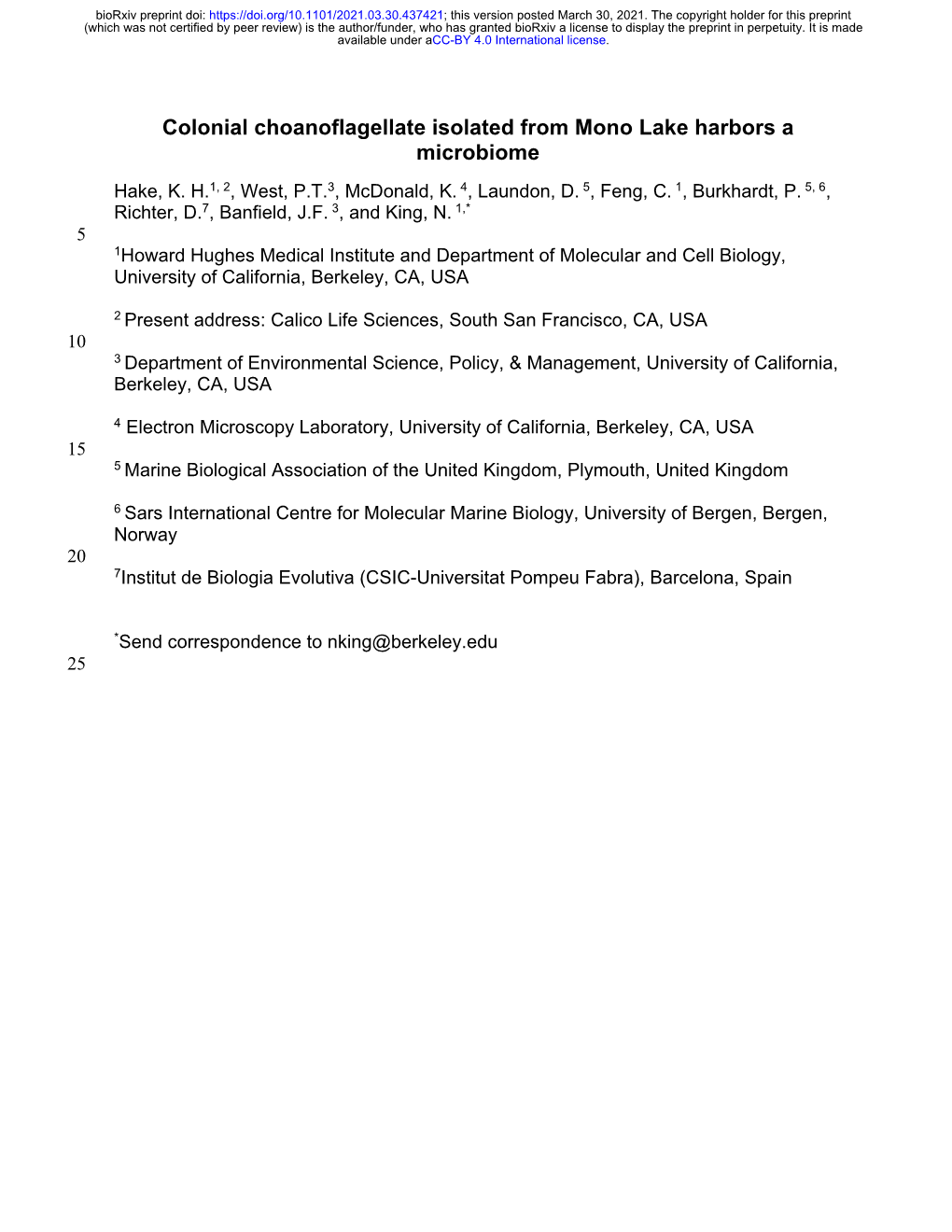 Colonial Choanoflagellate Isolated from Mono Lake Harbors a Microbiome Hake, K