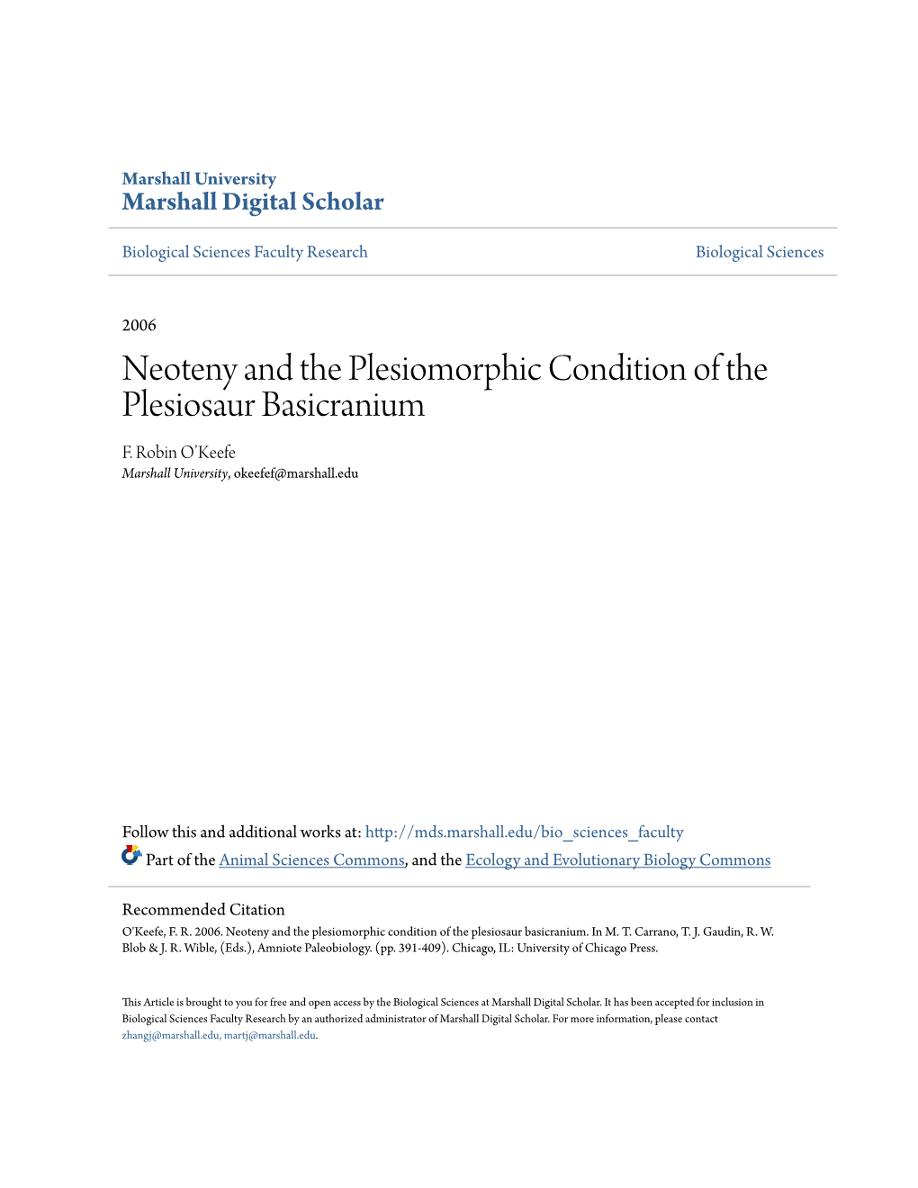 Neoteny and the Plesiomorphic Condition of the Plesiosaur Basicranium F