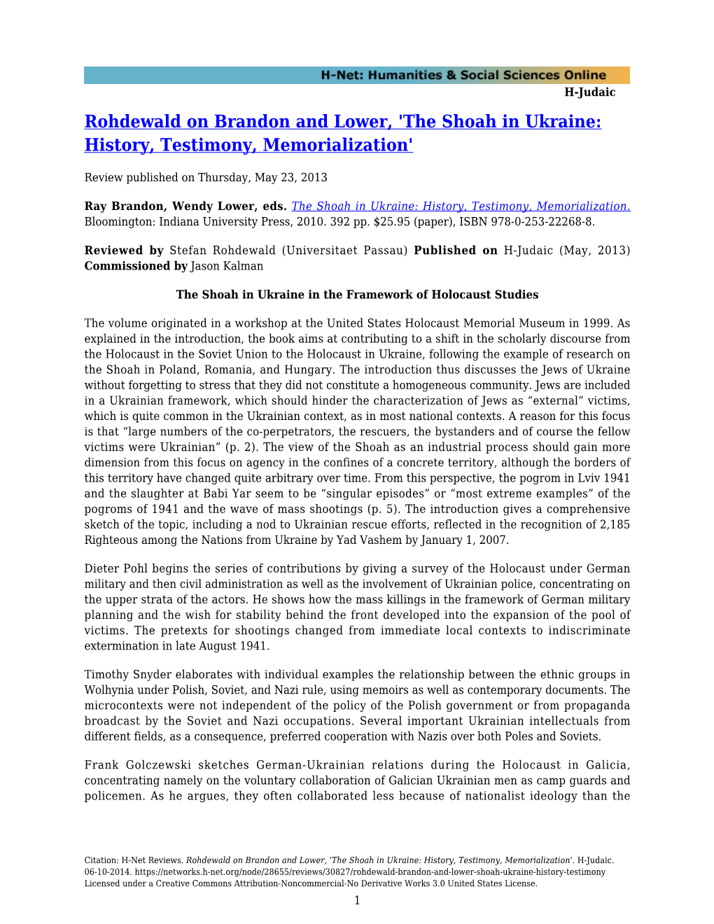 Rohdewald on Brandon and Lower, 'The Shoah in Ukraine: History, Testimony, Memorialization'