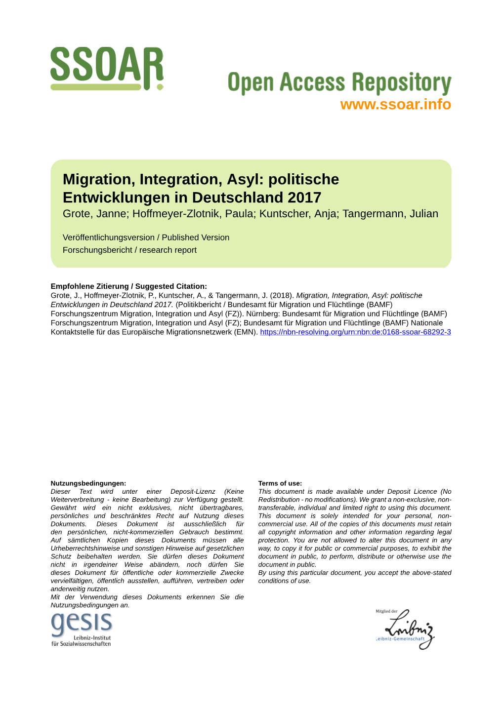 Migration, Integration, Asyl: Politische Entwicklungen in Deutschland 2017 Grote, Janne; Hoffmeyer-Zlotnik, Paula; Kuntscher, Anja; Tangermann, Julian