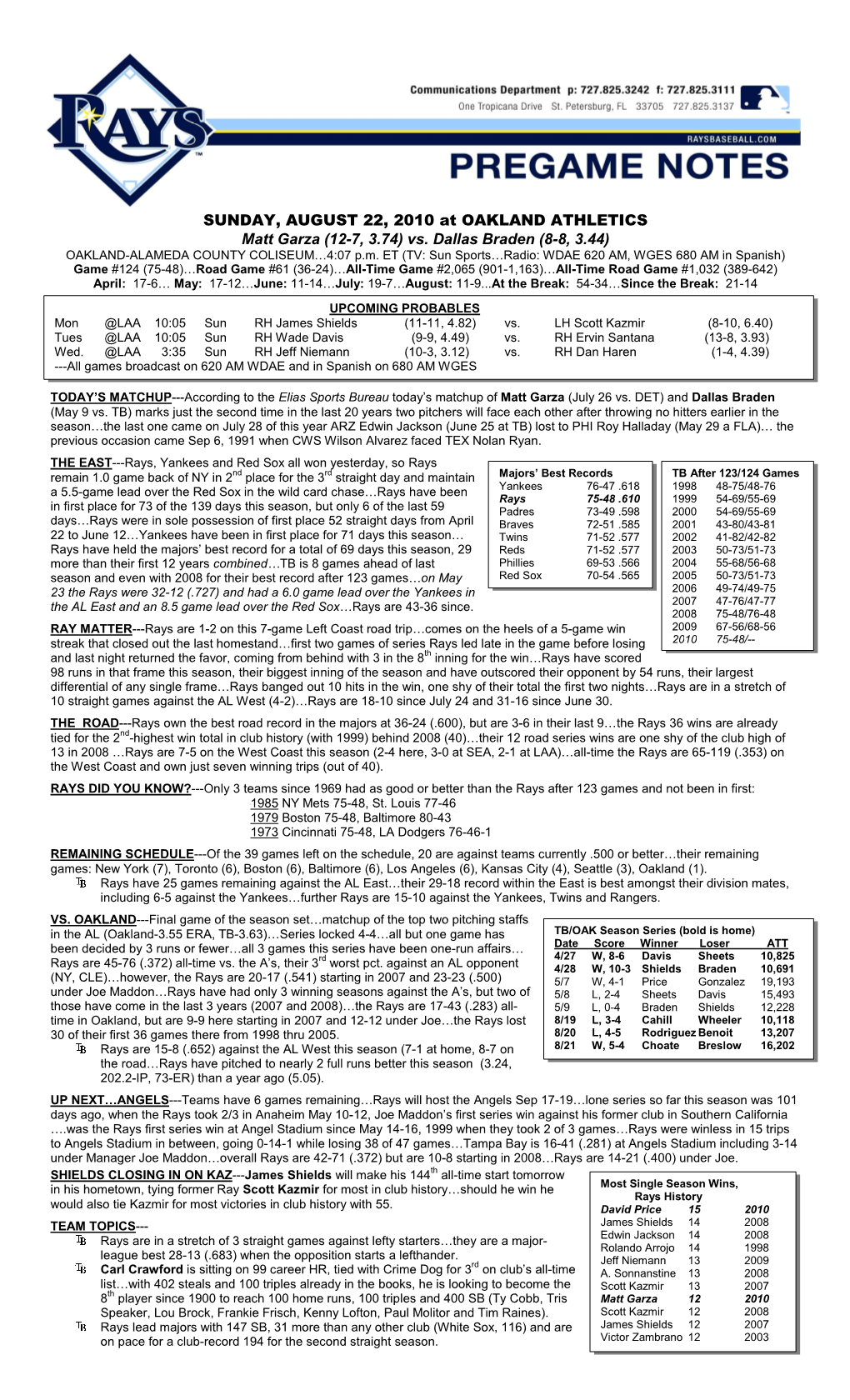 08-22-2010 Rays Game Notes