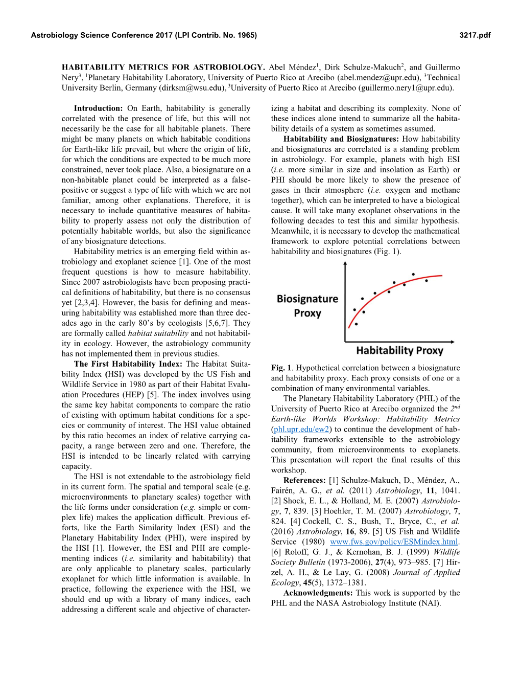 HABITABILITY METRICS for ASTROBIOLOGY. Abel Méndez1