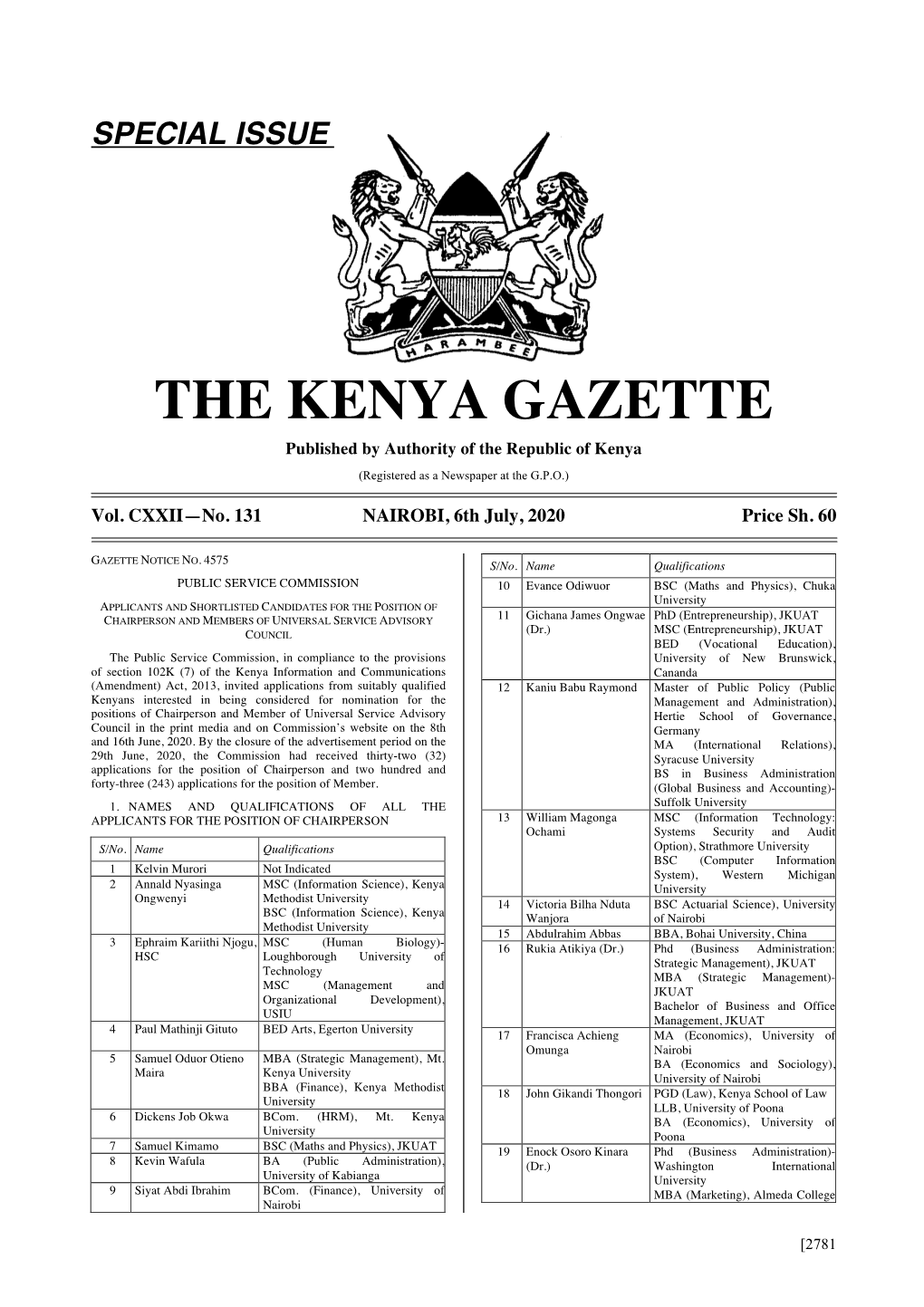 THE KENYA GAZETTE Published by Authority of the Republic of Kenya (Registered As a Newspaper at the G.P.O.)