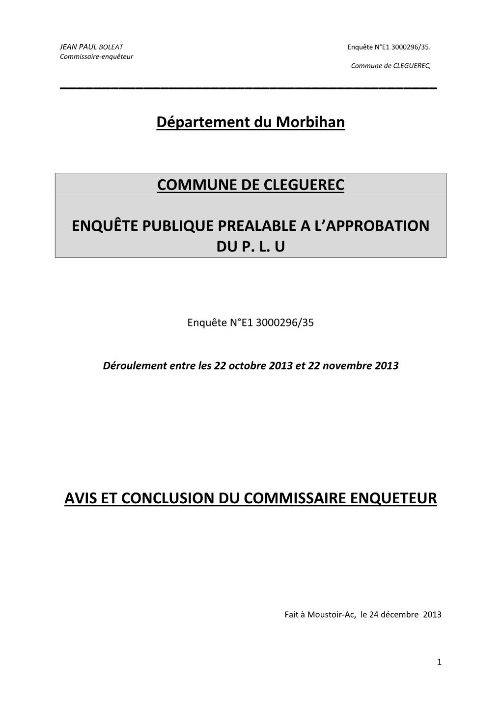 Département Du Morbihan COMMUNE DE CLEGUEREC ENQUÊTE PUBLIQUE PREALABLE