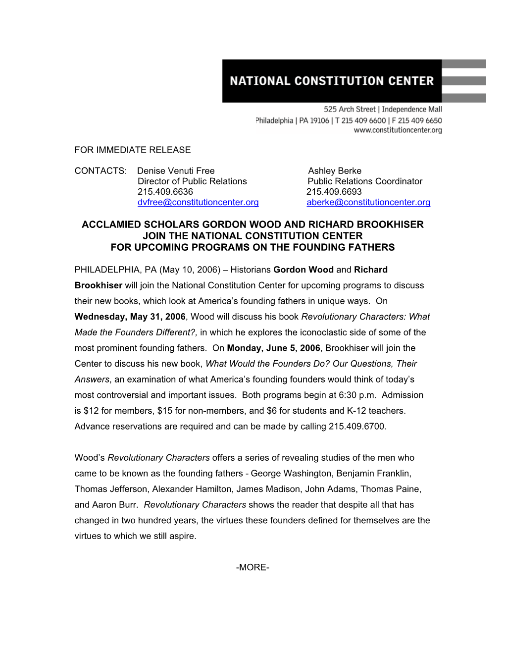 Acclamied Scholars Gordon Wood and Richard Brookhiser Join the National Constitution Center for Upcoming Programs on the Founding Fathers