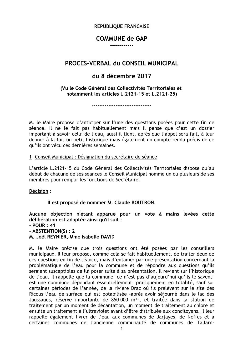 COMMUNE De GAP PROCES-VERBAL Du CONSEIL