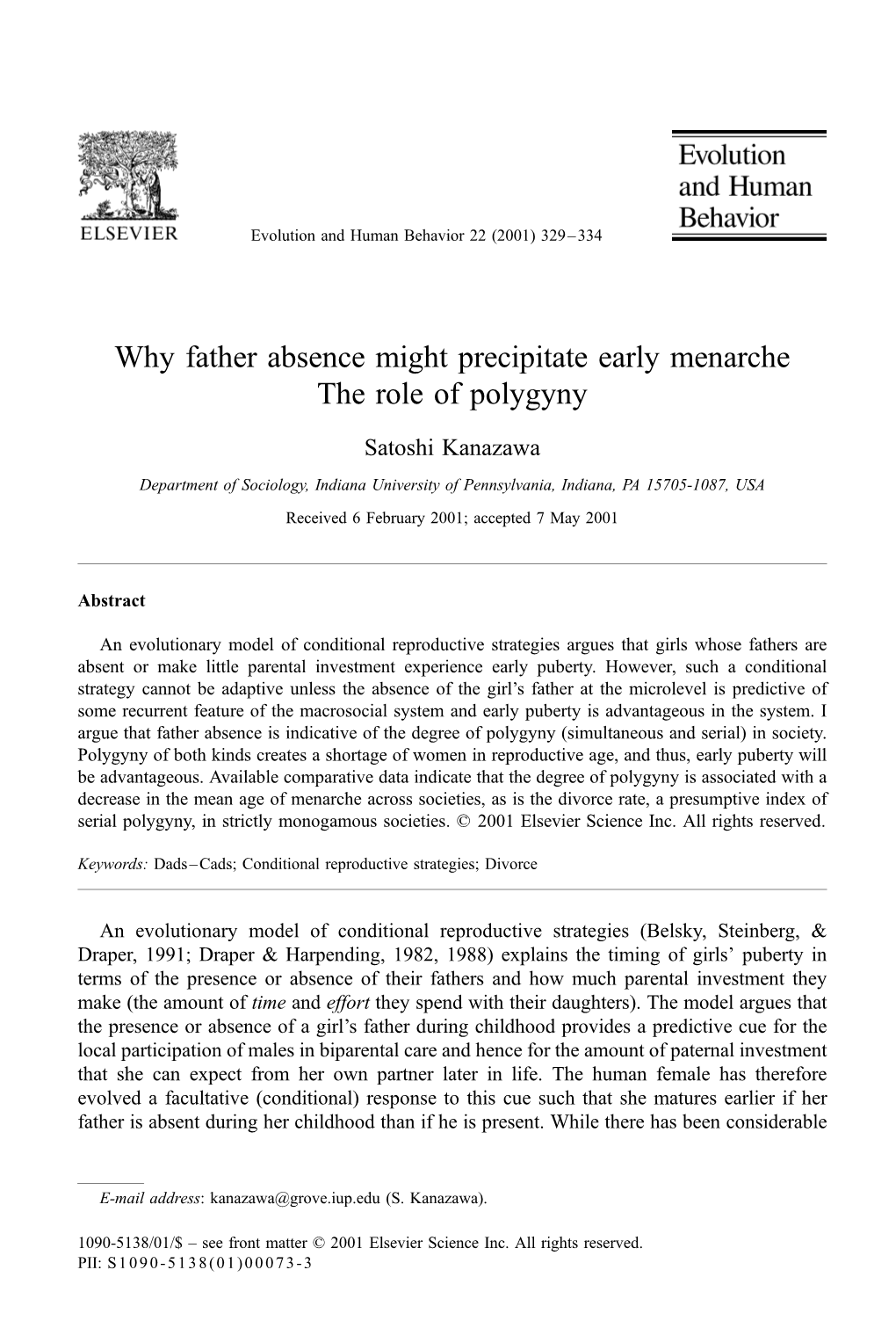 Why Father Absence Might Precipitate Early Menarche the Role of Polygyny