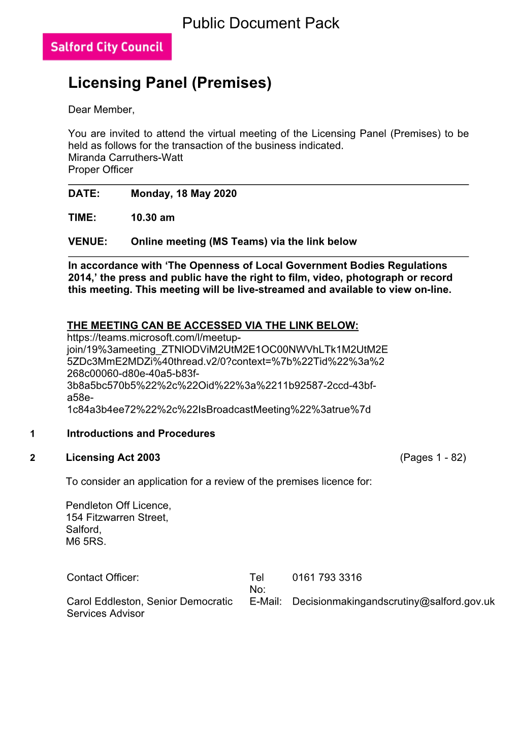 (Public Pack)Agenda Document for Licensing Panel (Premises), 18/05