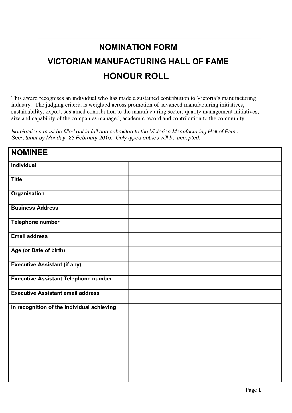 Nomination For: Induction Into the Victorian Manufacturing Hall of Fame