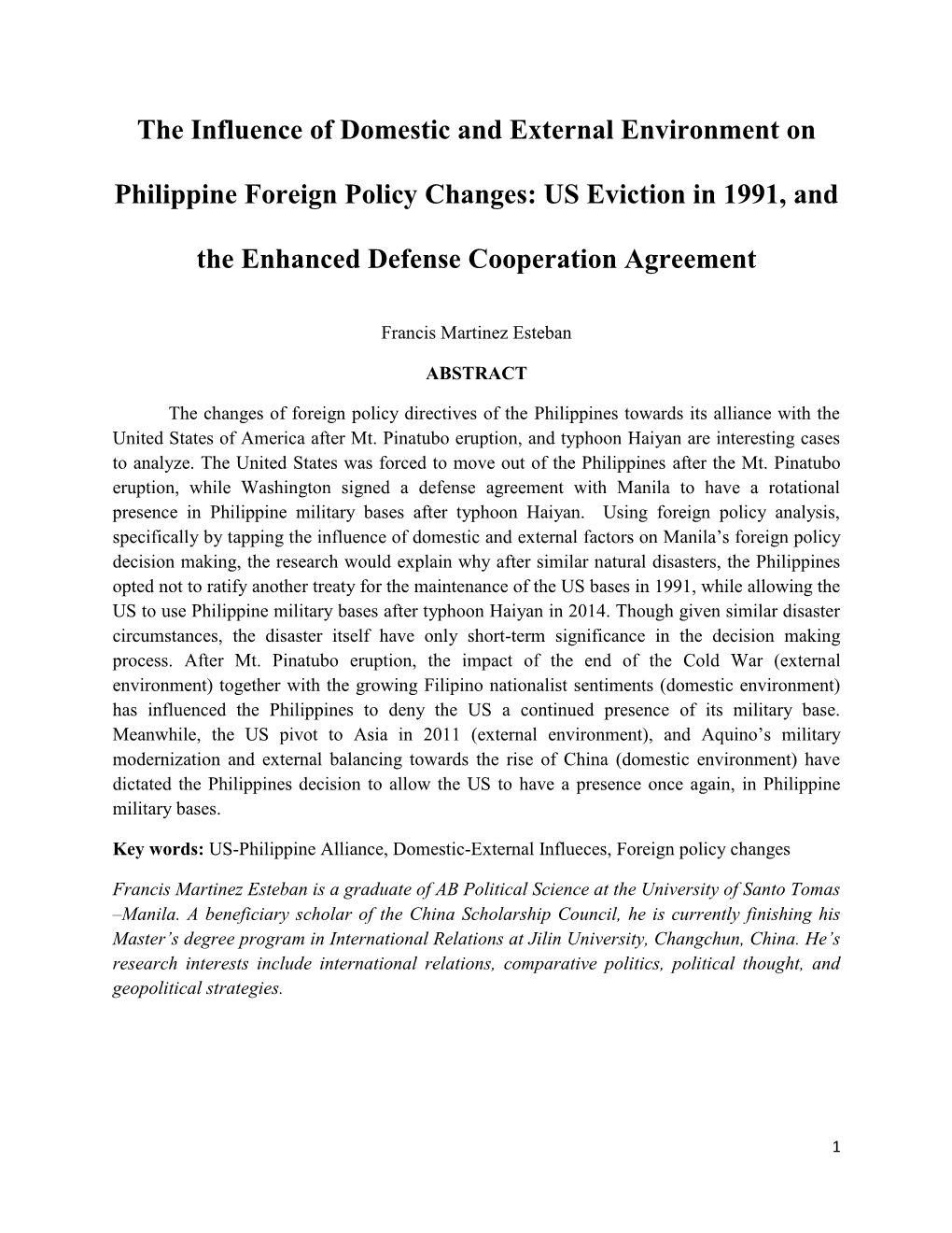 The Influence of Domestic and External Environment on Philippine