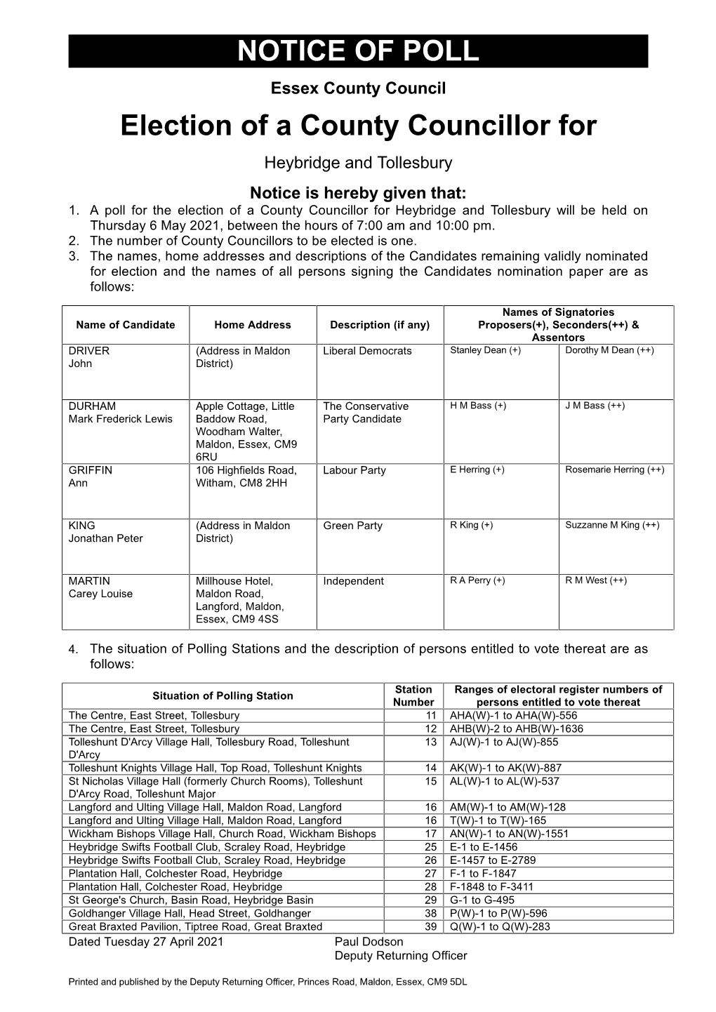 NOTICE of POLL Election of a County Councillor