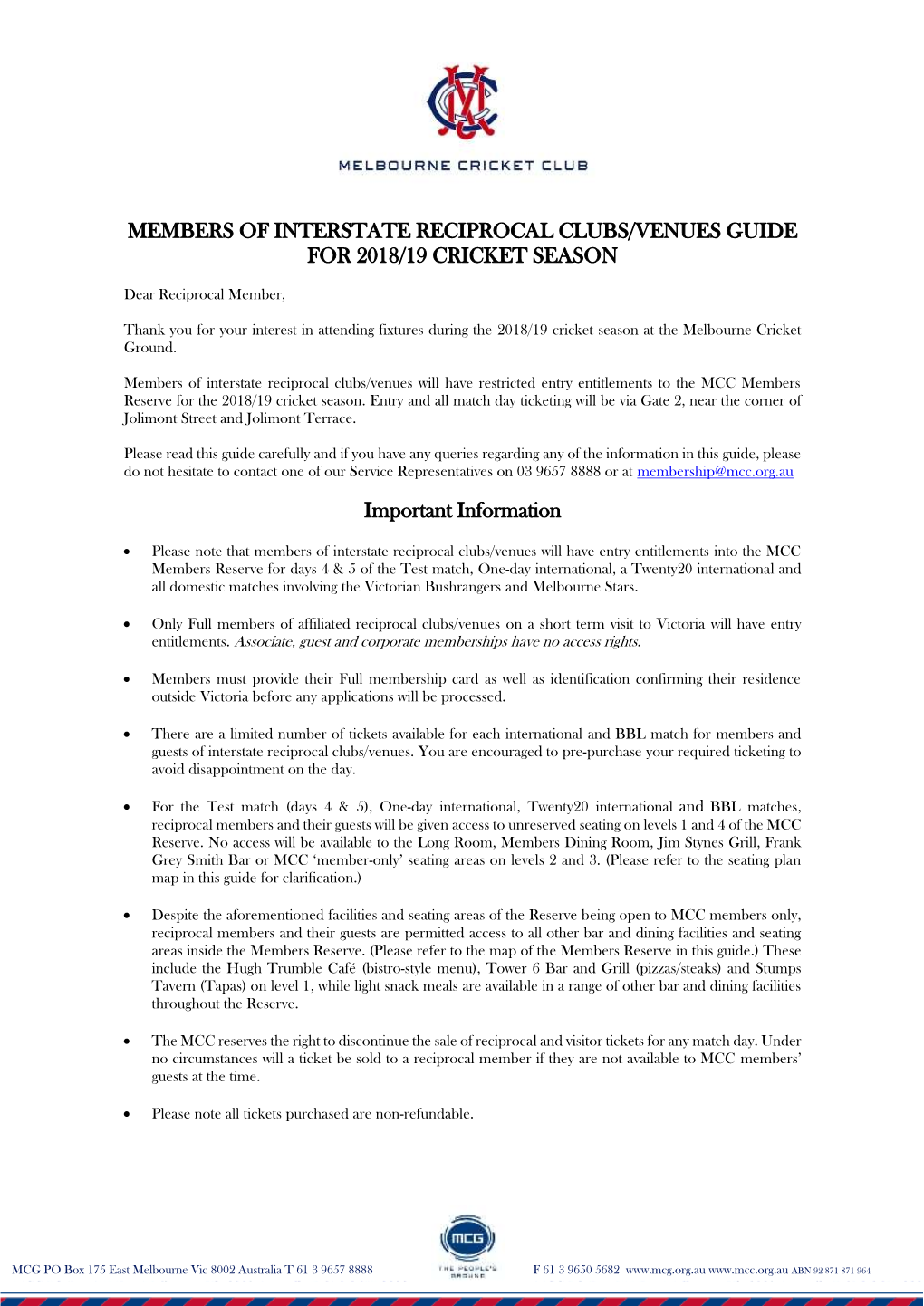 Members of Interstate Reciprocal Clubs/Venues Guide for 2018/19 Cricket Season