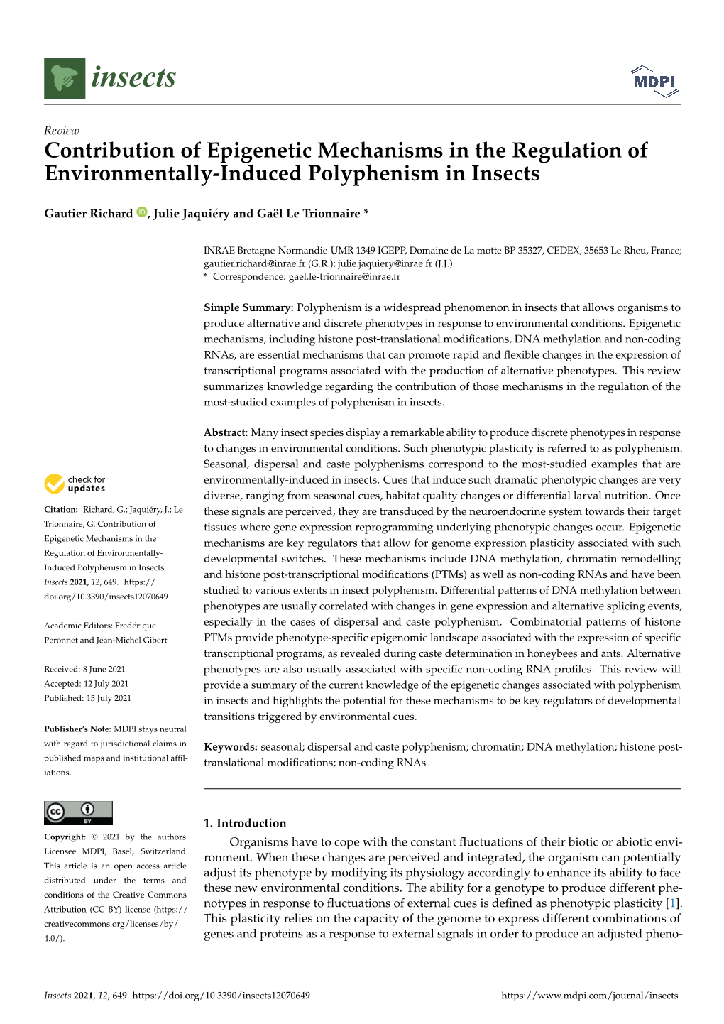 Contribution of Epigenetic Mechanisms in the Regulation of Environmentally-Induced Polyphenism in Insects