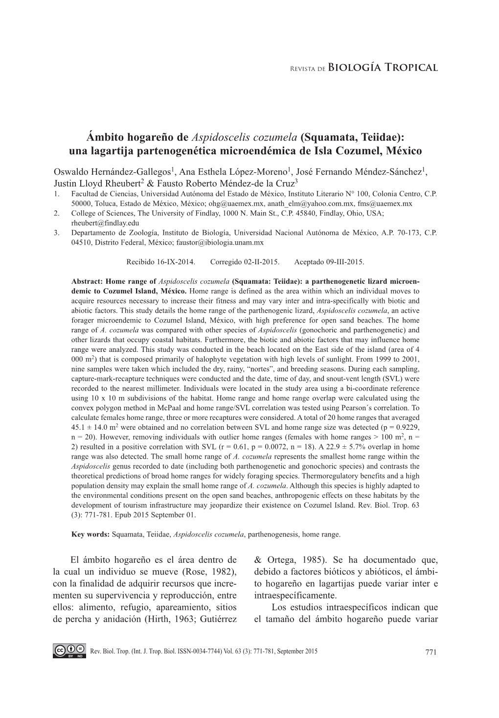 Ámbito Hogareño De Aspidoscelis Cozumela (Squamata, Teiidae): Una Lagartija Partenogenética Microendémica De Isla Cozumel, México