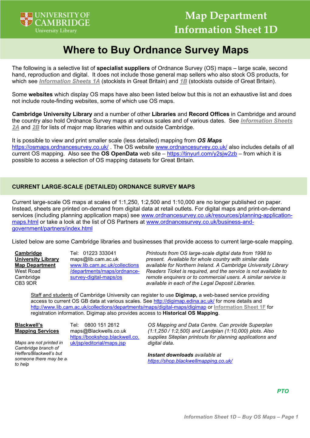 Map Department Information Sheet 1D Where to Buy Ordnance Survey