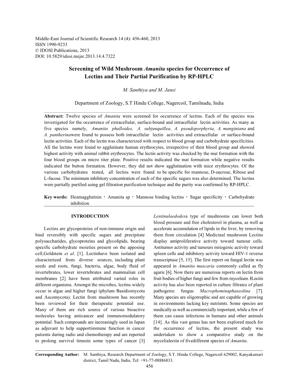 Screening of Wild Mushroom Amanita Species for Occurrence of Lectins and Their Partial Purification by RP-HPLC