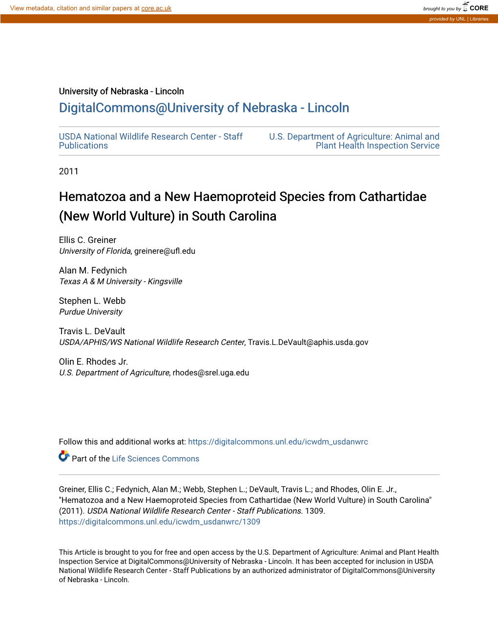 Hematozoa and a New Haemoproteid Species from Cathartidae (New World Vulture) in South Carolina